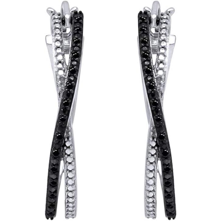 【並行輸入品】Aria Jewels ブラック天然ダイヤモンドアクセント クロスオーバー フープイヤリング レディース 14Kホワイトゴールド スター