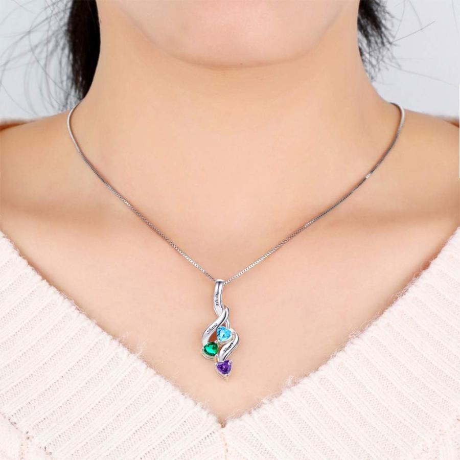 【並行輸入品】スターリングシルバー パーソナライズ マザーズネックレス 3つの模造誕生石刻印 名前 レディース カスタマイズプロミスペンダント お母さの画像