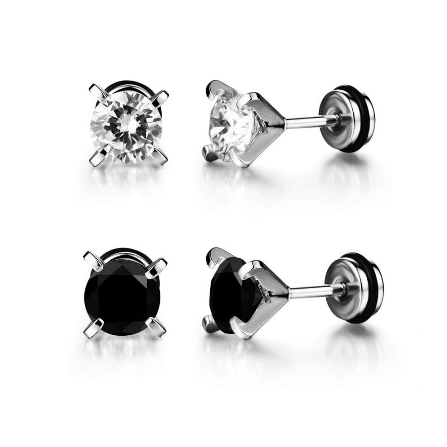 【並行輸入品】Moniya ジュエリー ステンレススチール メンズ ピアス スタッド 6mm シルバー ブラック キュービックジルコニア 象嵌