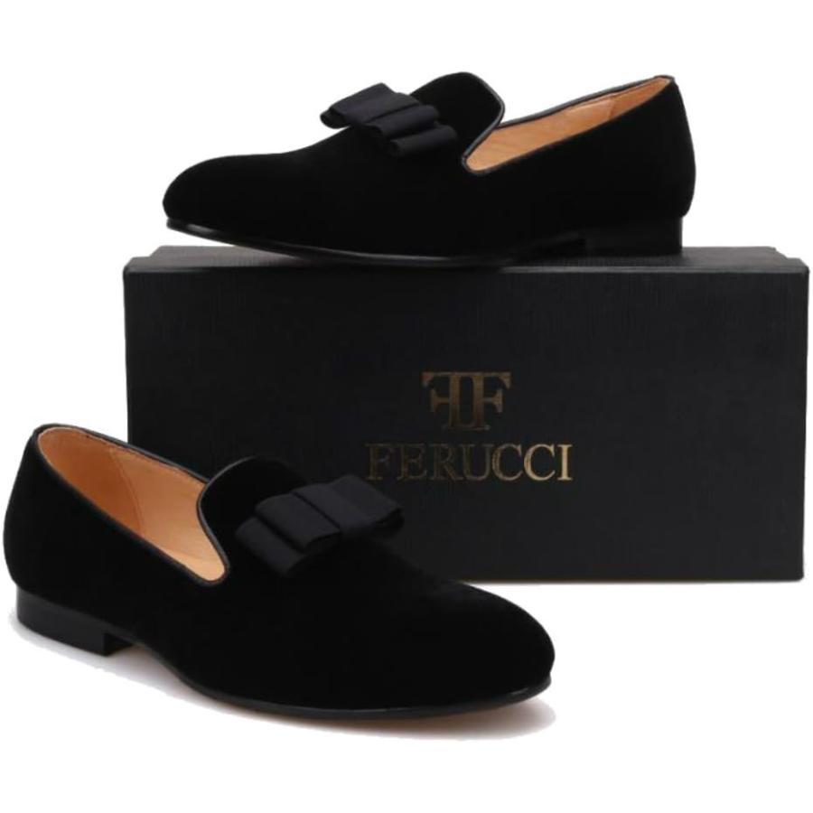 【並行輸入品】FERUCCI Handmade Men Black Velvet with Black Bow Slippers Loafers (1の画像