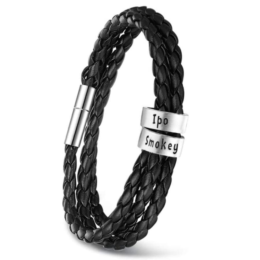 【並行輸入品】パーソナライズ メンズ ブラック 編み込みレザーブレスレット 2〜5の名前刻印 カスタムビーズカスタムIDブレスレット メンズ ブ