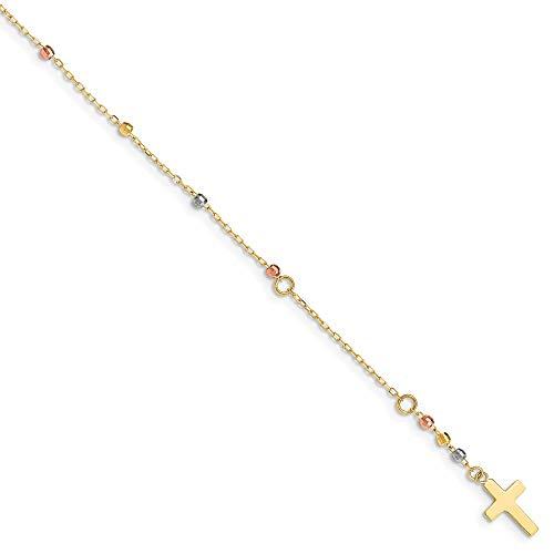 買蔵楽天 Solid 14K Tri Colored Gold Diamond Cut Beaded Cross 1 IN Ext Bra 並行輸入品