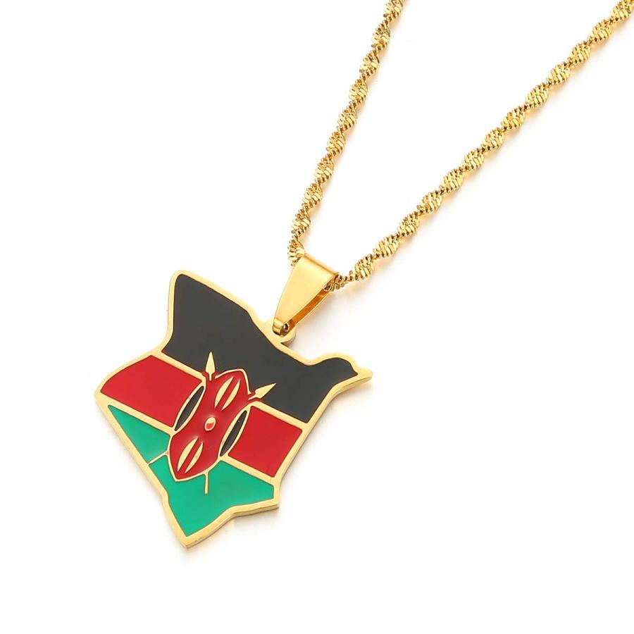 【並行輸入品】Map of Kenya Flag Enamel Pendant Necklaces Jewellery Gold Color
