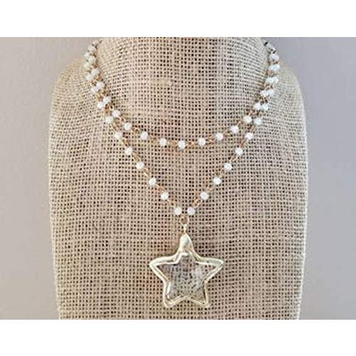 【並行輸入品】Gold Star Pendant White Beaded Rosary Chain Choker Necklace　_2