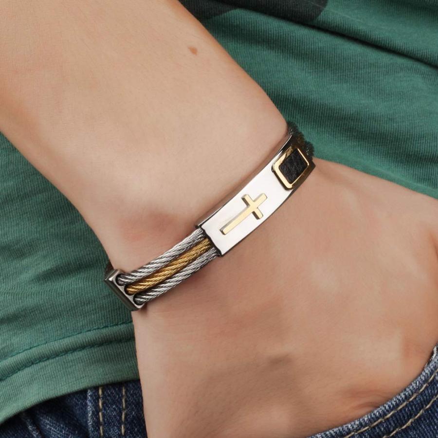 【並行輸入品】Happyyami Stainless Steel Cross Bracelets Three Row Wire Bracele_3