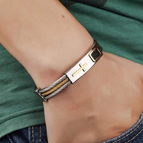 【並行輸入品】Happyyami Stainless Steel Cross Bracelets Three Row Wire Bracele_4