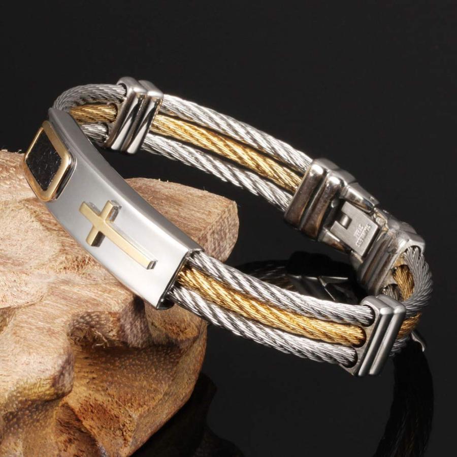 【並行輸入品】Happyyami Stainless Steel Cross Bracelets Three Row Wire Bracele_6