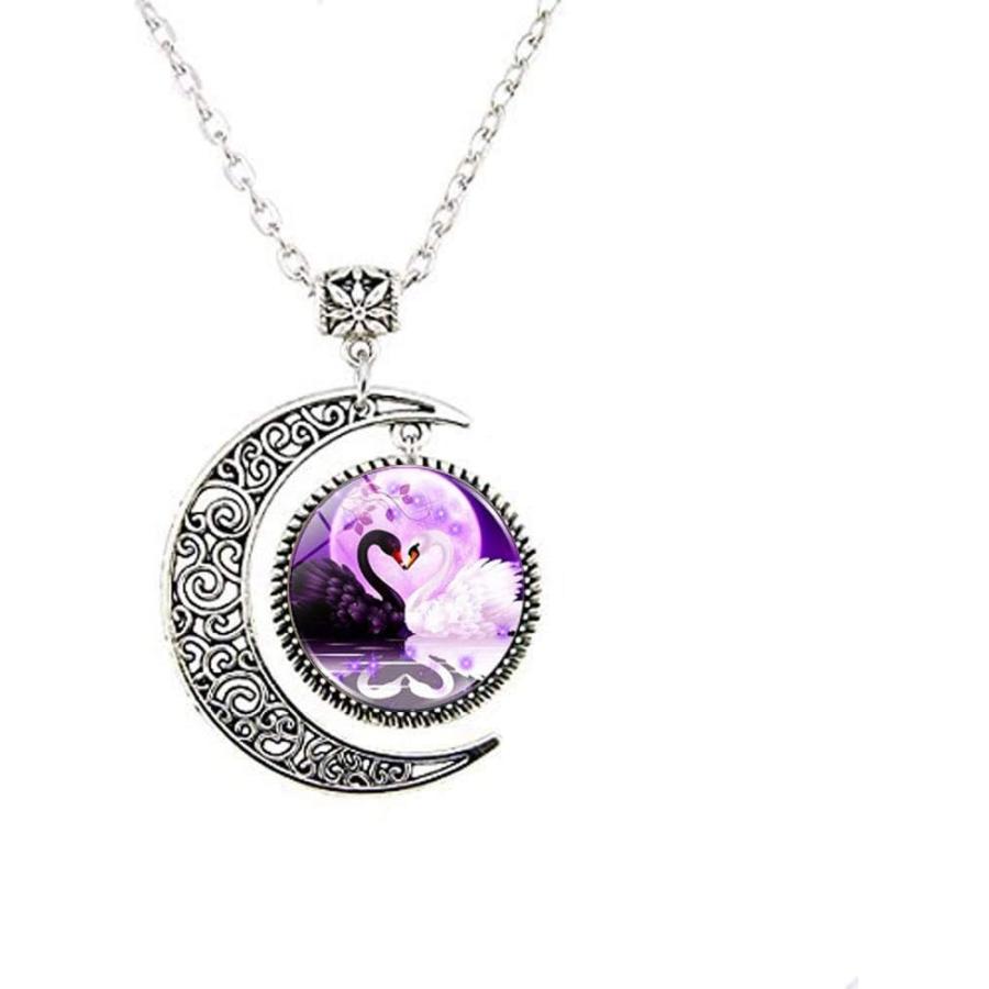 【並行輸入品】Beautiful Black and White Swan Glass Moon Necklace Art Photo Jewelry