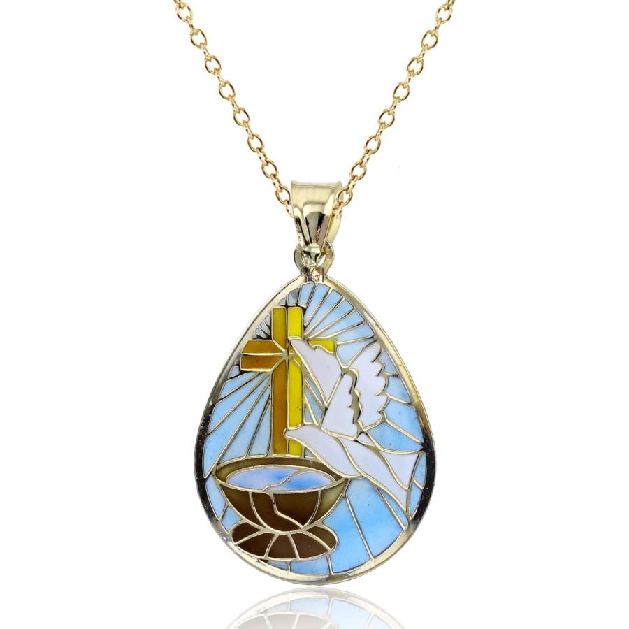 【並行輸入品】14K Yellow Gold Solid Enamel Religious Cross Dove Water Necklace For