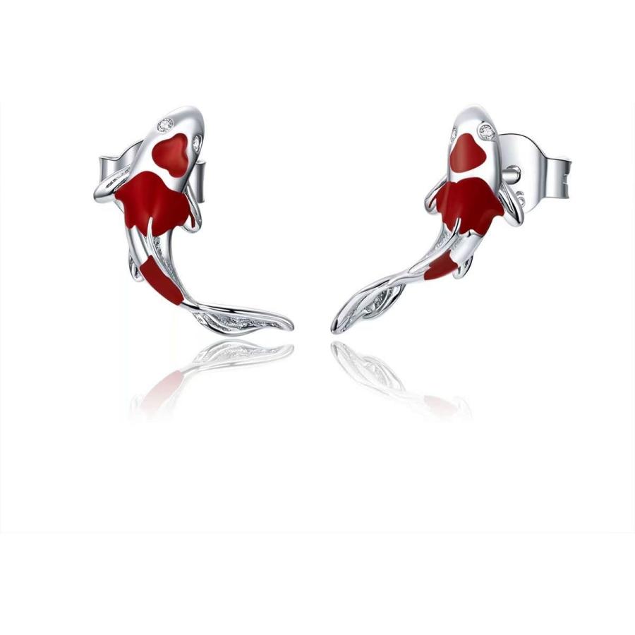 【並行輸入品】Qings Koi Fish レッドコイスタッドピアス レディース ガールズ 絶妙な925スターリングシルバー プラチナメッキ 輝くジル