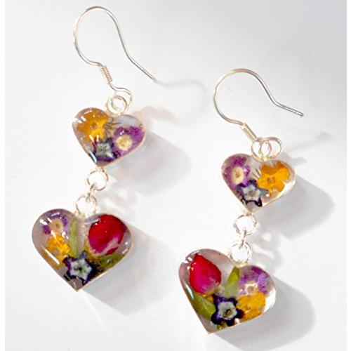 超值特卖 Silver 925 dried pressed flower 2 heart dangle earrings multicol 並行輸入品