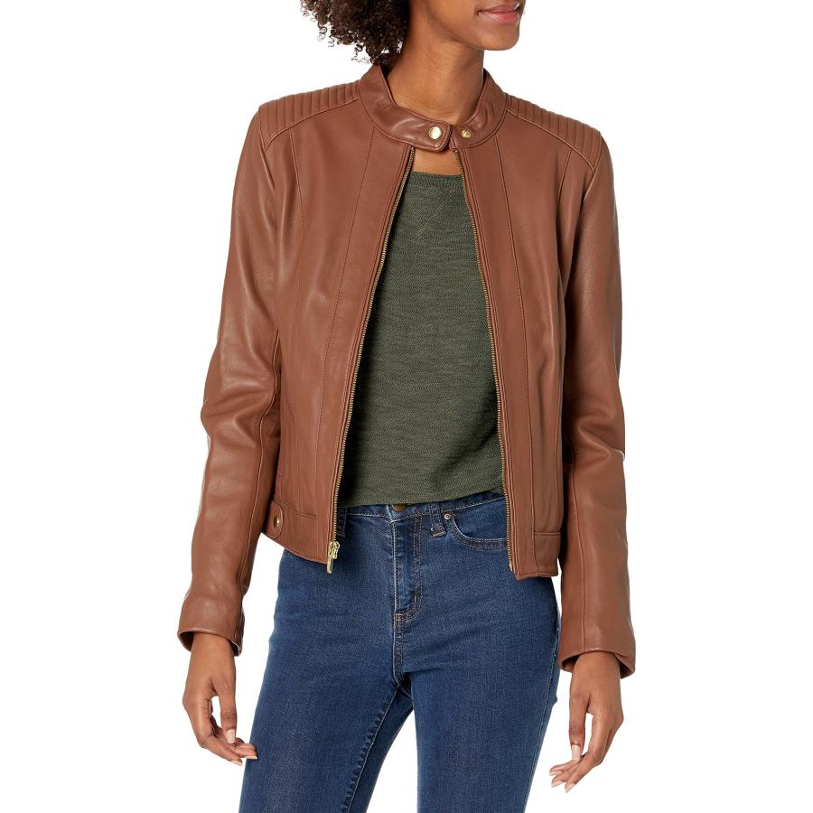 【並行輸入品】Cole Haan Women's Leather Racer Jacket with Quilted Panels, Hickoの画像