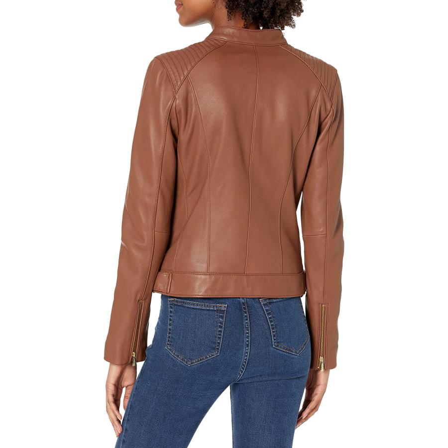 【並行輸入品】Cole Haan Women's Leather Racer Jacket with Quilted Panels, Hickoの画像