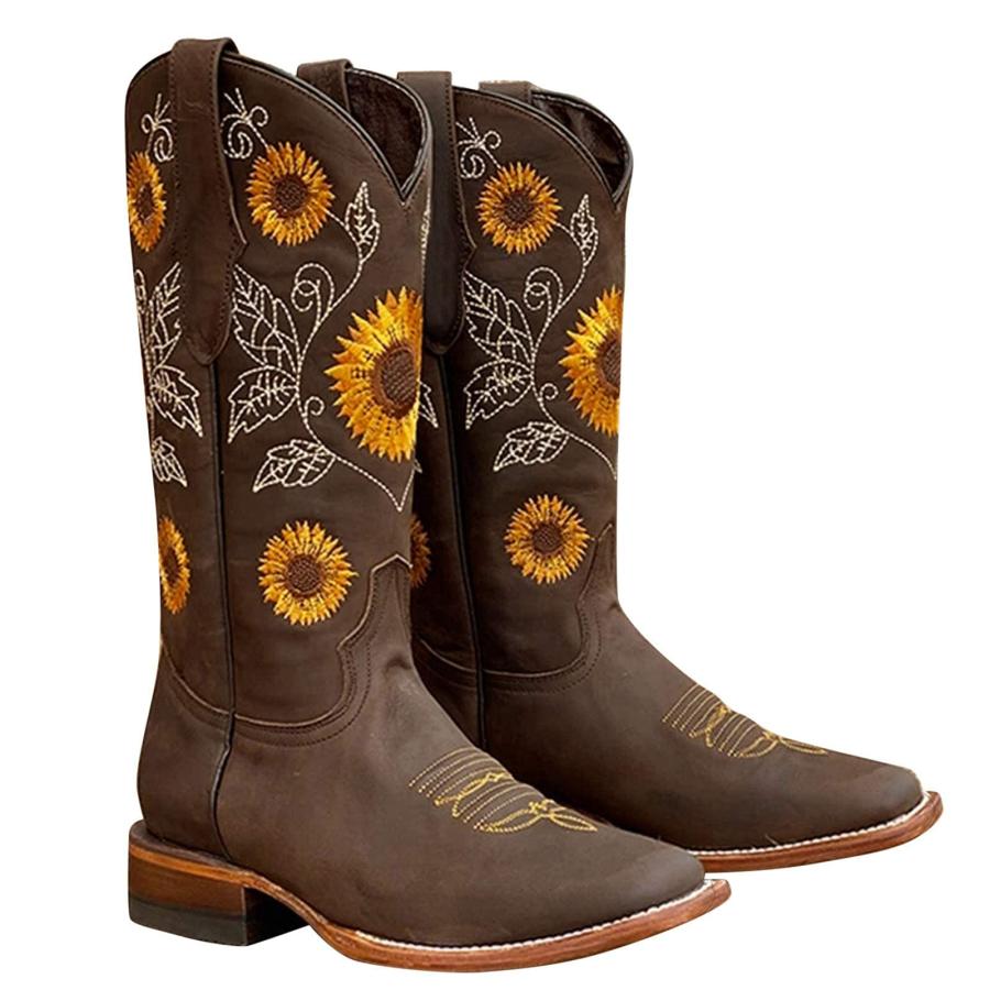 【並行輸入品】ZBYY Women's Knee High Boots,Winter Square Toe Western Cowboy Drの画像