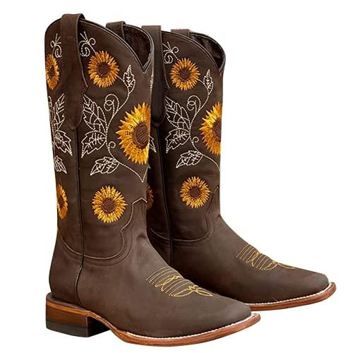 【並行輸入品】ZBYY Women's Knee High Boots,Winter Square Toe Western Cowboy Drの画像