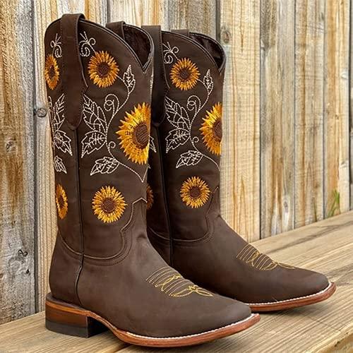 【並行輸入品】ZBYY Women's Knee High Boots,Winter Square Toe Western Cowboy Drの画像