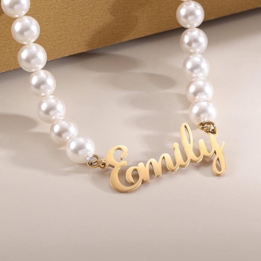 【並行輸入品】Dreamdecor Pearl Name Necklace for Women Custom Nameplate Choker Ne_2