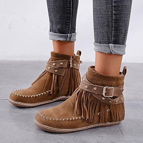 【並行輸入品】Hbeylia Boho Boots For Women Vintage Casual Tassel Fringe Suedeの画像