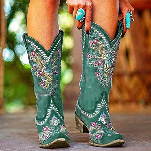 ブログ Kcocoo Womens Mid Calf Boots Chunky Heel Embroidered Vintage Cow 並行輸入品