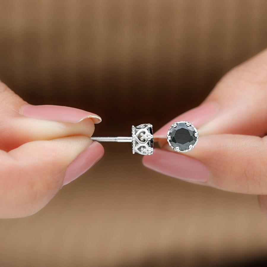 【並行輸入品】6 mmクラウンセットは、女性用のブラックダイヤモンドソリティアスタッドイヤリングを作成しました（AAAA品質）, 14K ホワイの画像