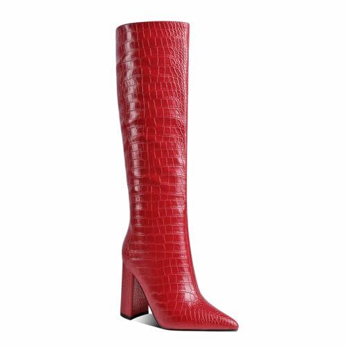【並行輸入品】Arqa Women's Pointed Toe Snake Pattern Knee High Boots Chunky Heの画像