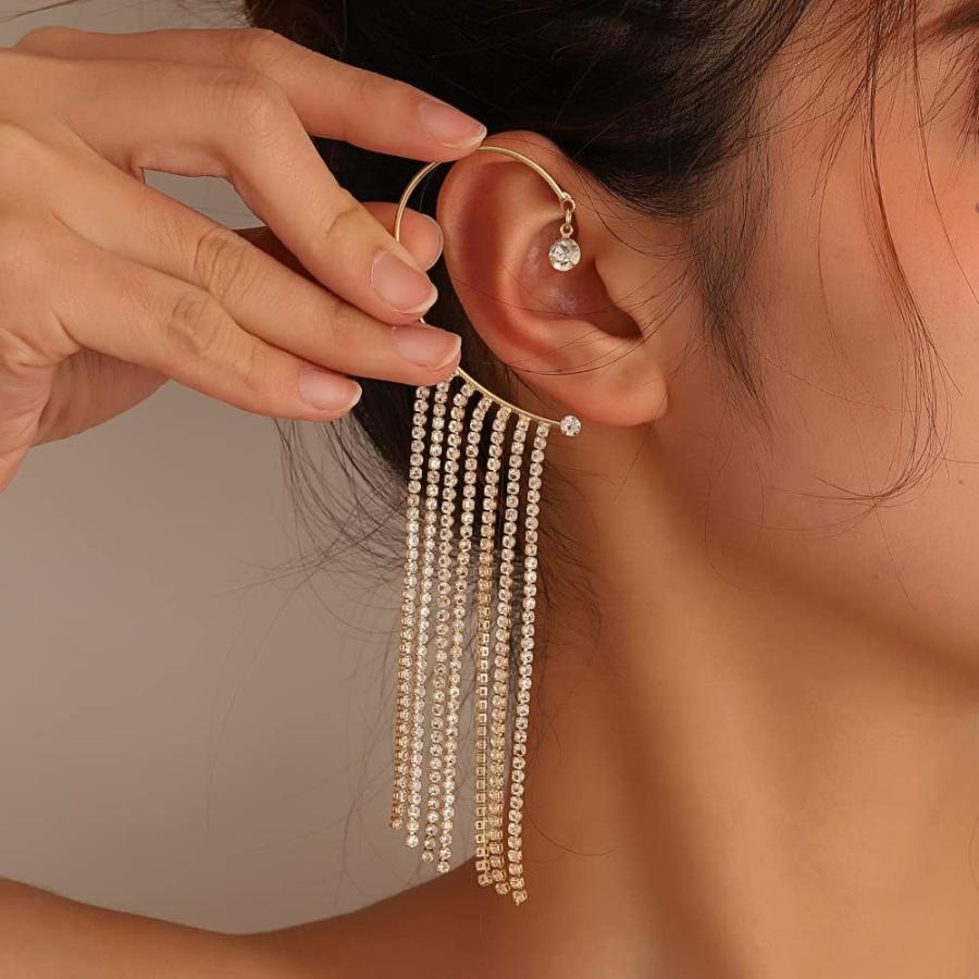 【並行輸入品】CSIYANJRY99 スパークリングダイヤモンド ロングタッセル イヤーカフチェーンイヤリング ボヘミアンレトロタッセル ロングダング_1