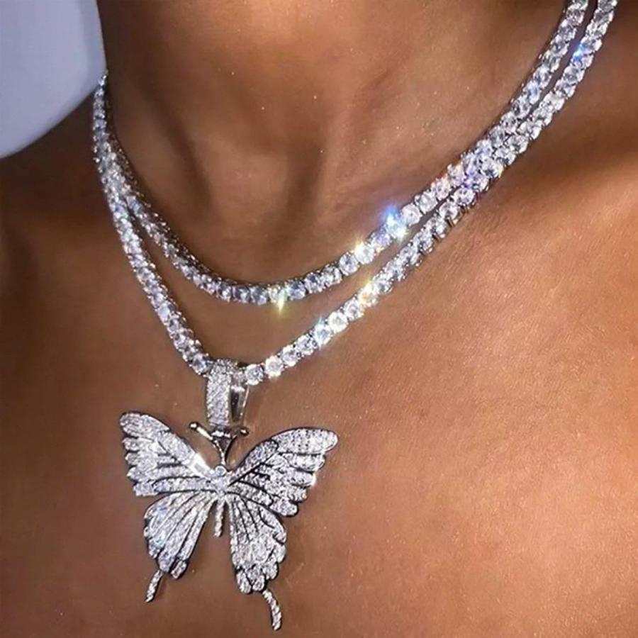 日本通販売 Washranp Necklace Chain for Women Girls Stainless Steel Women Rhinestones Butterfly One Layer Pendant Necklace Jewelry Pendant Necklace for Valent