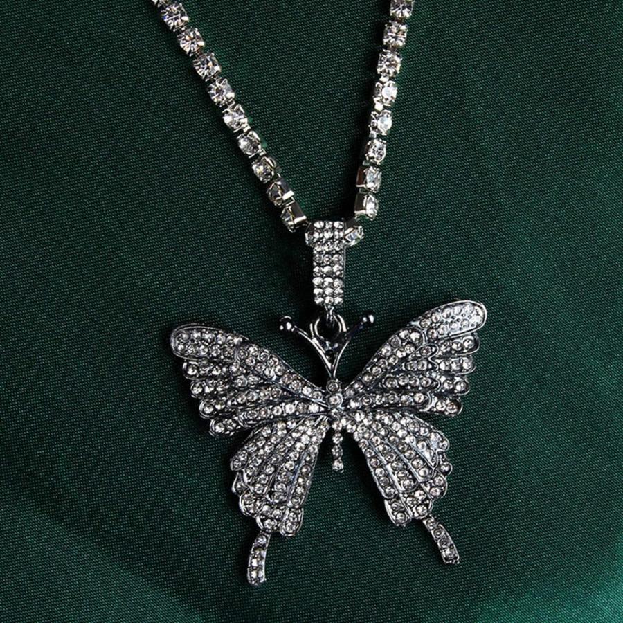 日本通販売 Washranp Necklace Chain for Women Girls Stainless Steel Women Rhinestones Butterfly One Layer Pendant Necklace Jewelry Pendant Necklace for Valent