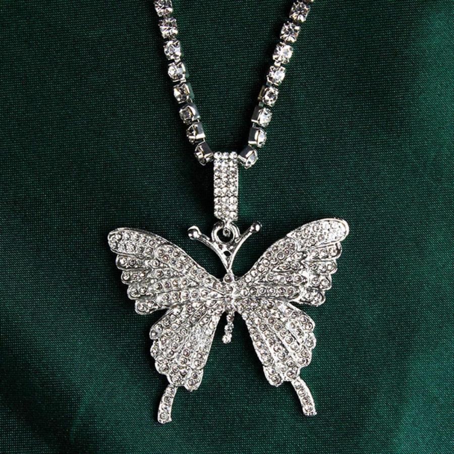 日本通販売 Washranp Necklace Chain for Women Girls Stainless Steel Women Rhinestones Butterfly One Layer Pendant Necklace Jewelry Pendant Necklace for Valent