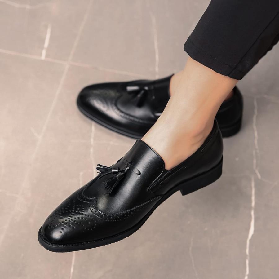 【並行輸入品】Hoxekle Men's Brogues Dress Shoes Gentleman PU Leather Flats Tasselの画像