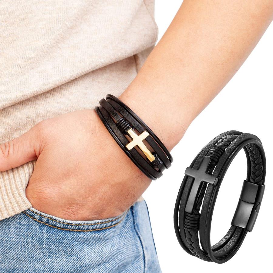 【並行輸入品】RTcald Multi Layer Braided Leather Cross Bracelets with Magnetic