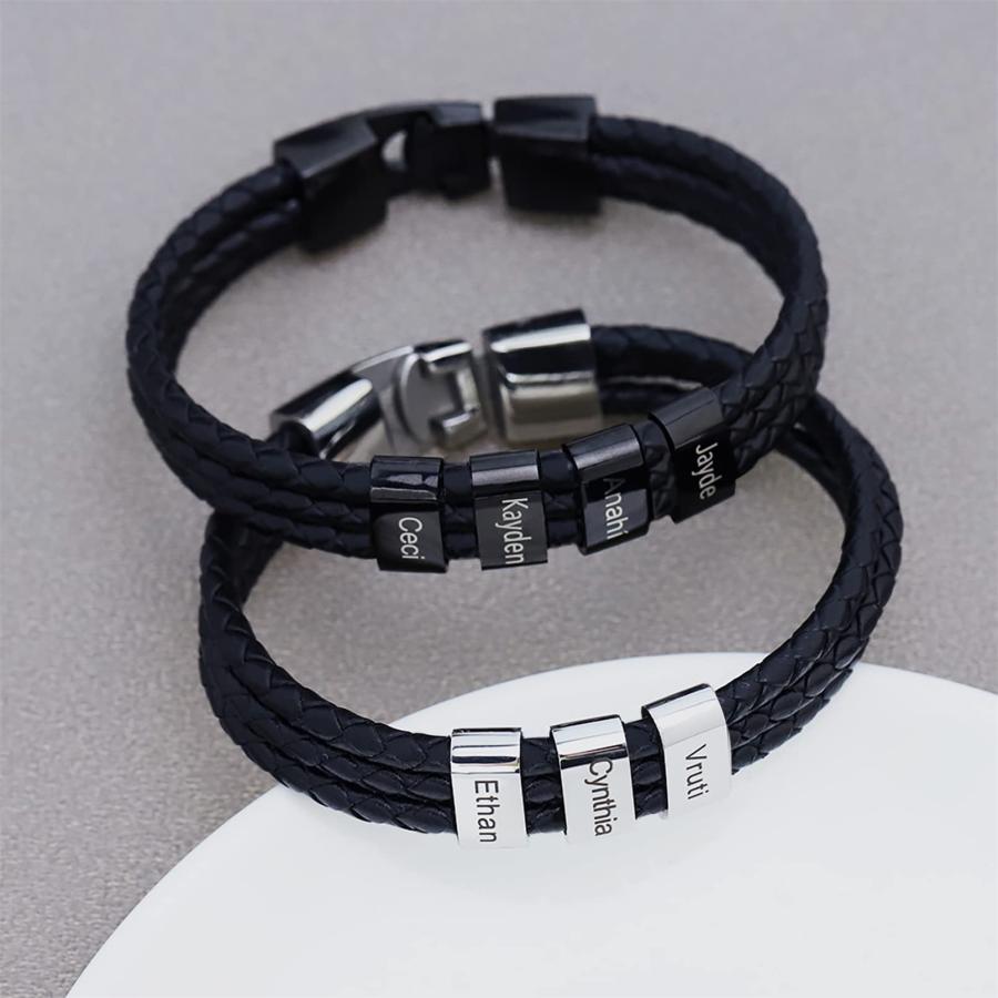 アウトレット品 Personalized Mens Leather Bracelet with Custom Names Braid Leath 並行輸入品