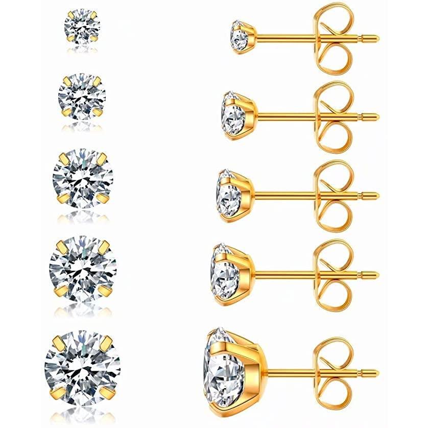 【並行輸入品】5 Pairs Stud Earrings Set, Hypoallergenic Cubic Zirconia 316L Ea