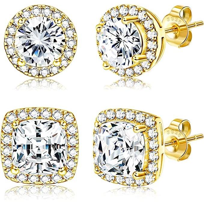 【並行輸入品】18K Gold Plated Halo Cubic Zirconia Stud Earrings Round & Square