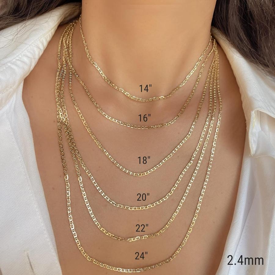 【並行輸入品】14K 10K リアルゴールド フラットマリナーチェーン ダイヤモンドカット アンカーリンクチェーンネックレス 華奢なゴールドペンダントの画像