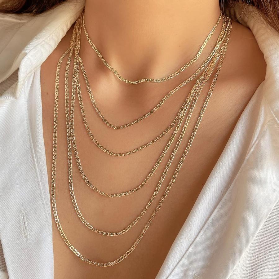 【並行輸入品】14K 10K リアルゴールド フラットマリナーチェーン ダイヤモンドカット アンカーリンクチェーンネックレス 華奢なゴールドペンダントの画像