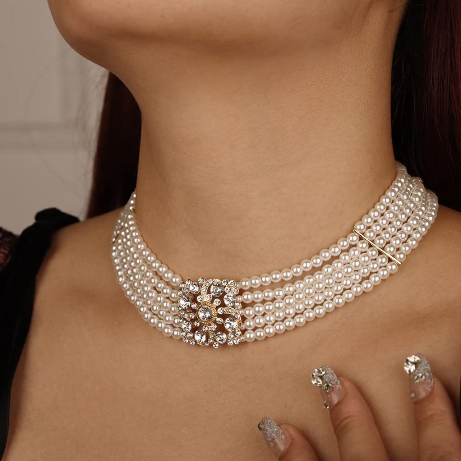 超超希少/極美品✨セリーヌ ネックレス チョーカー パール 大玉 ラインストーン 並行輸入品】Missgrace 上品な5層パールラインストーン 1920年代