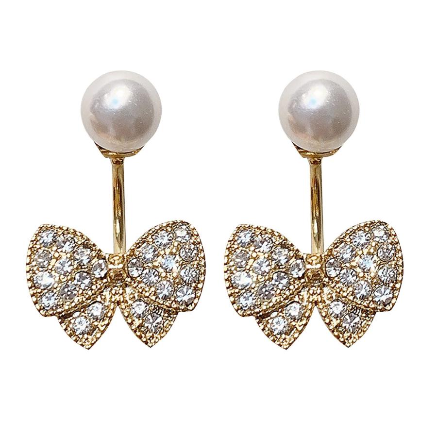 【並行輸入品】Clip On Earrings Women Small Bow Pearl Earrings With Rhinestones