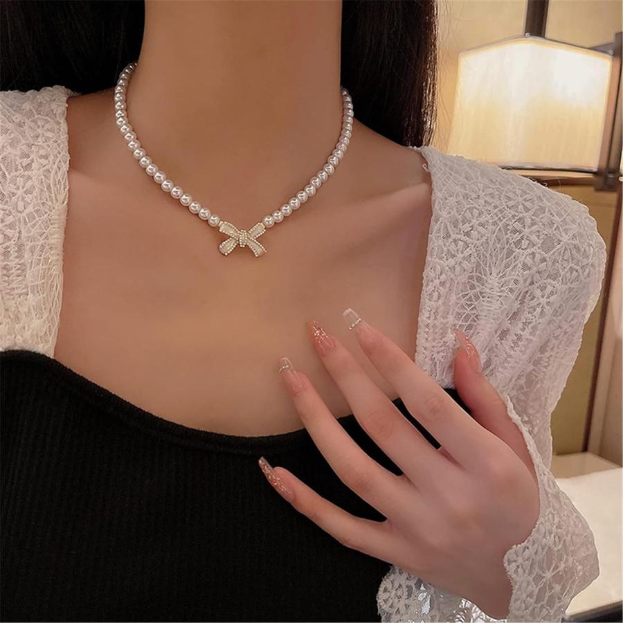 【並行輸入品】Journey studio Bow Pearls Necklaces Short Necklace Imitation Pearl B_2
