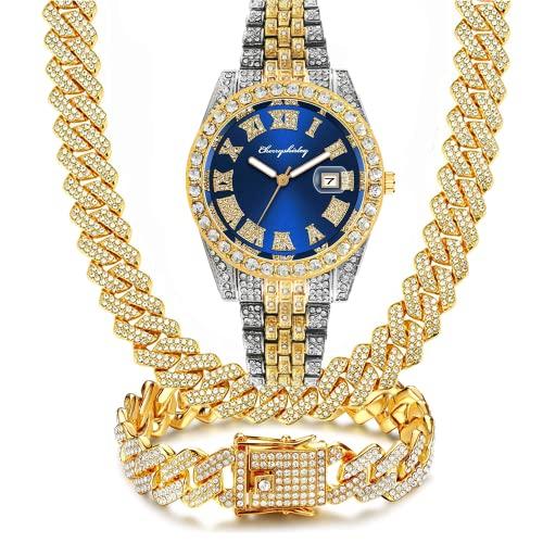 並行輸入品】NUAYA 3PC Diamonds Gold Watch Iced Out Cuban Chain 