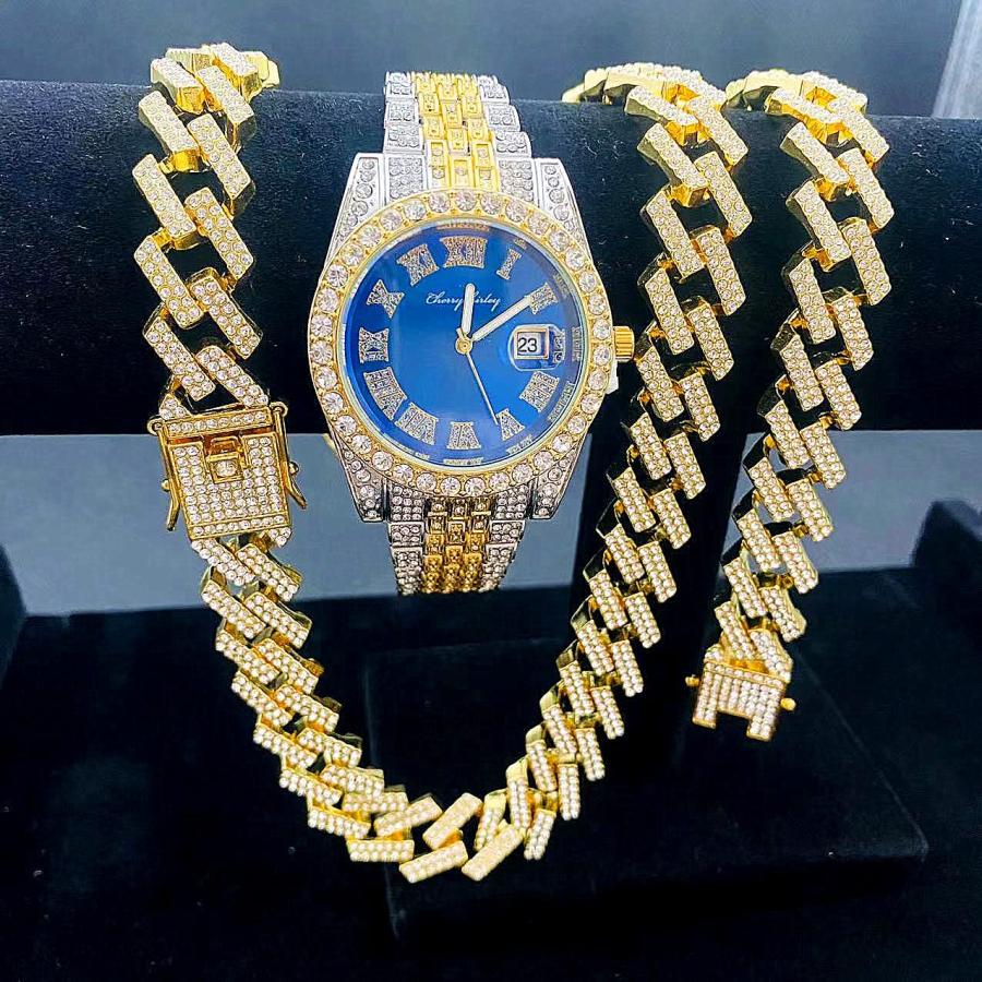 並行輸入品】NUAYA 3PC Diamonds Gold Watch Iced Out Cuban Chain 