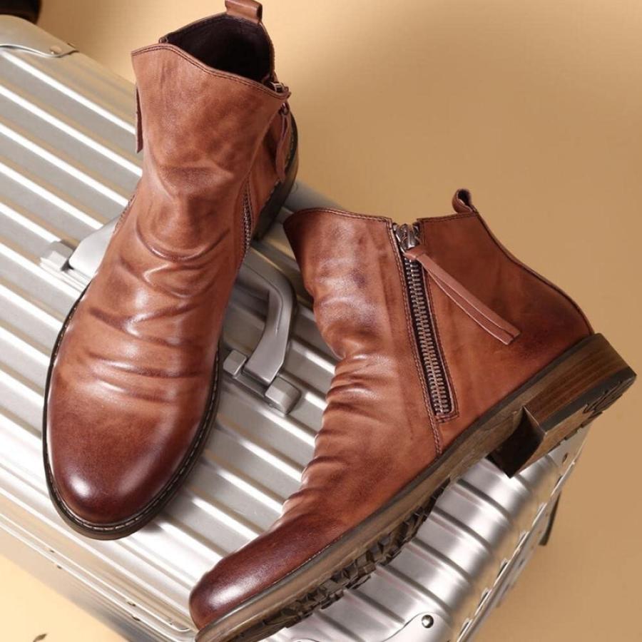 【並行輸入品】Ankle Boots for Men PU Tassel with Double Zipper Pleated Burnishの画像
