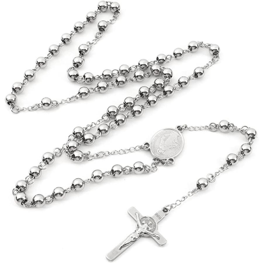 【並行輸入品】Blowin 6mm Silver Stainless Steel Beads and St.Benedict Beads Rosary