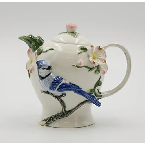 ファインポーセリン ブルージェイバードとハナミズキの花 デザイン急須 長さ7インチ Fine Porcelain Blue Jay 並行輸入品｜bestshop-d｜02