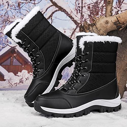 【並行輸入品】ZBYY Womens Snow Boots,Fur Lined Warm Winter Lace up Boots Mid Cの画像