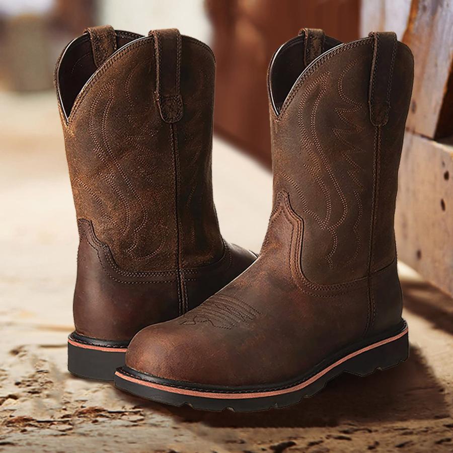 【並行輸入品】Western Cowboy Boots Mens Brown Cowboy Boots Square Toe Shoes Faの画像