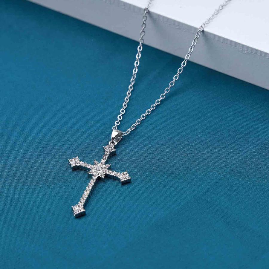 【並行輸入品】Iaceble ボーホー クリスタル クロス チョーカー ネックレス 信仰 クロス ペンダント ネックレス シルバー ラインストーン ク_3