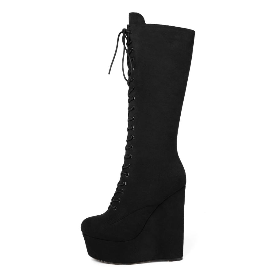 【並行輸入品】Soireelady Women Over the Knee Platform Wedge Boots Round Toe Hiの画像