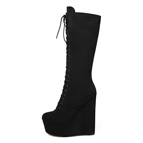 【並行輸入品】Soireelady Women Over the Knee Platform Wedge Boots Round Toe Hiの画像