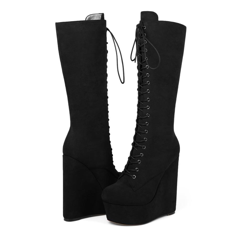 【並行輸入品】Soireelady Women Over the Knee Platform Wedge Boots Round Toe Hiの画像